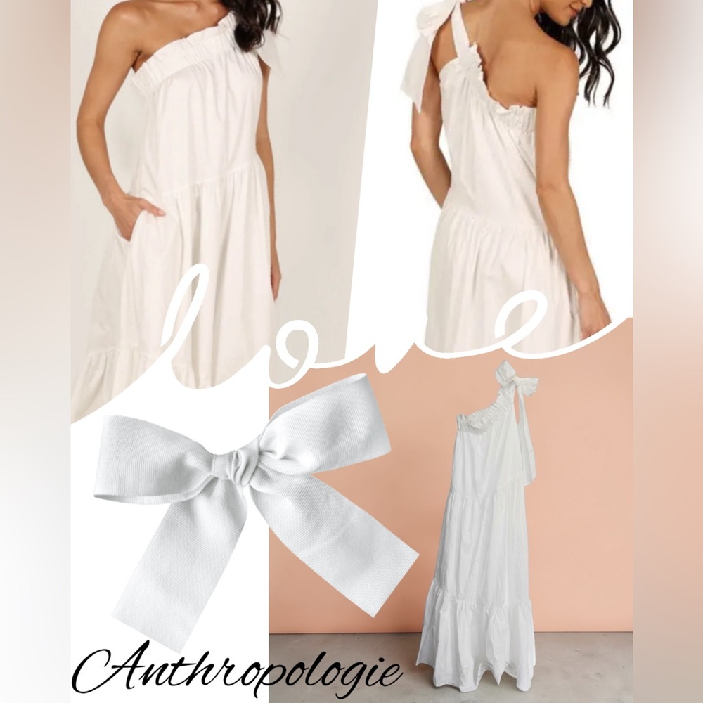 MABLE Anthropologie White One Shoulder Tiered Maxi Dress Bow Medium Cotton